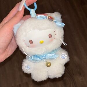 White Plush Kitty Keychain with Blue Ribbon